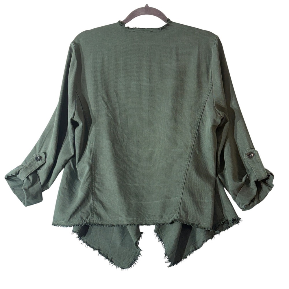 Karen Kane Womens L Olive Tencel Draped Jacket Raw Edge Open Front Made USA - Picture 3 of 9
